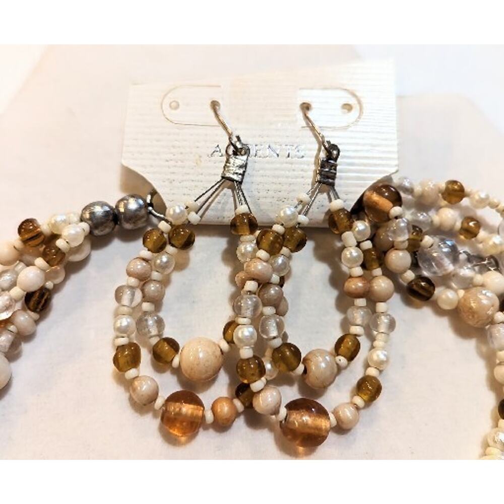 Brown Tan Beige Glass Bead Necklace And Earrings Set Multi Strand Layered New